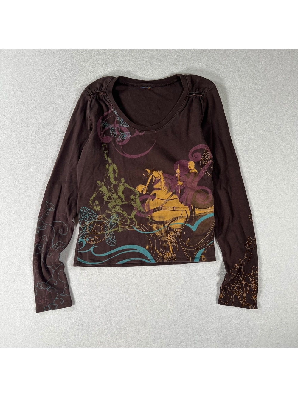 Vintage Y2K brown colorful printed long sleeve top Size S/M - Picture 1 of 6